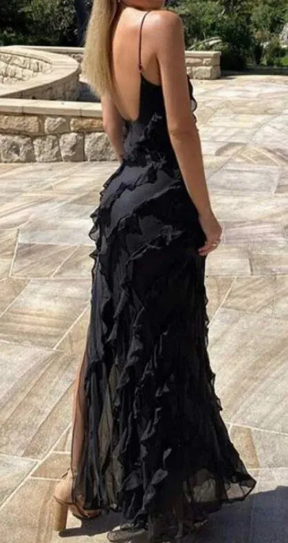 A-line Spaghetti Straps Long Prom Evening Gowns With Slit