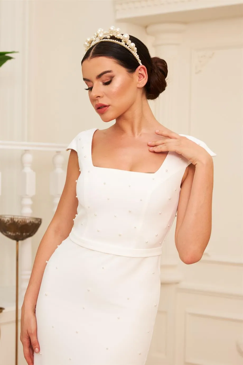 Angelino Ecru pancake pearl midi word dress and wedding dress