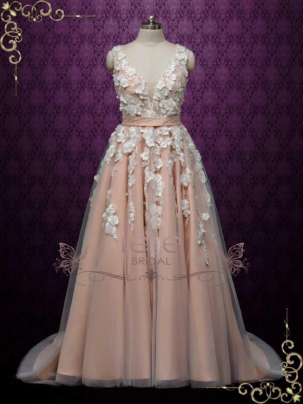Boho Blush Wedding Dress with 3D Lace CASSIA