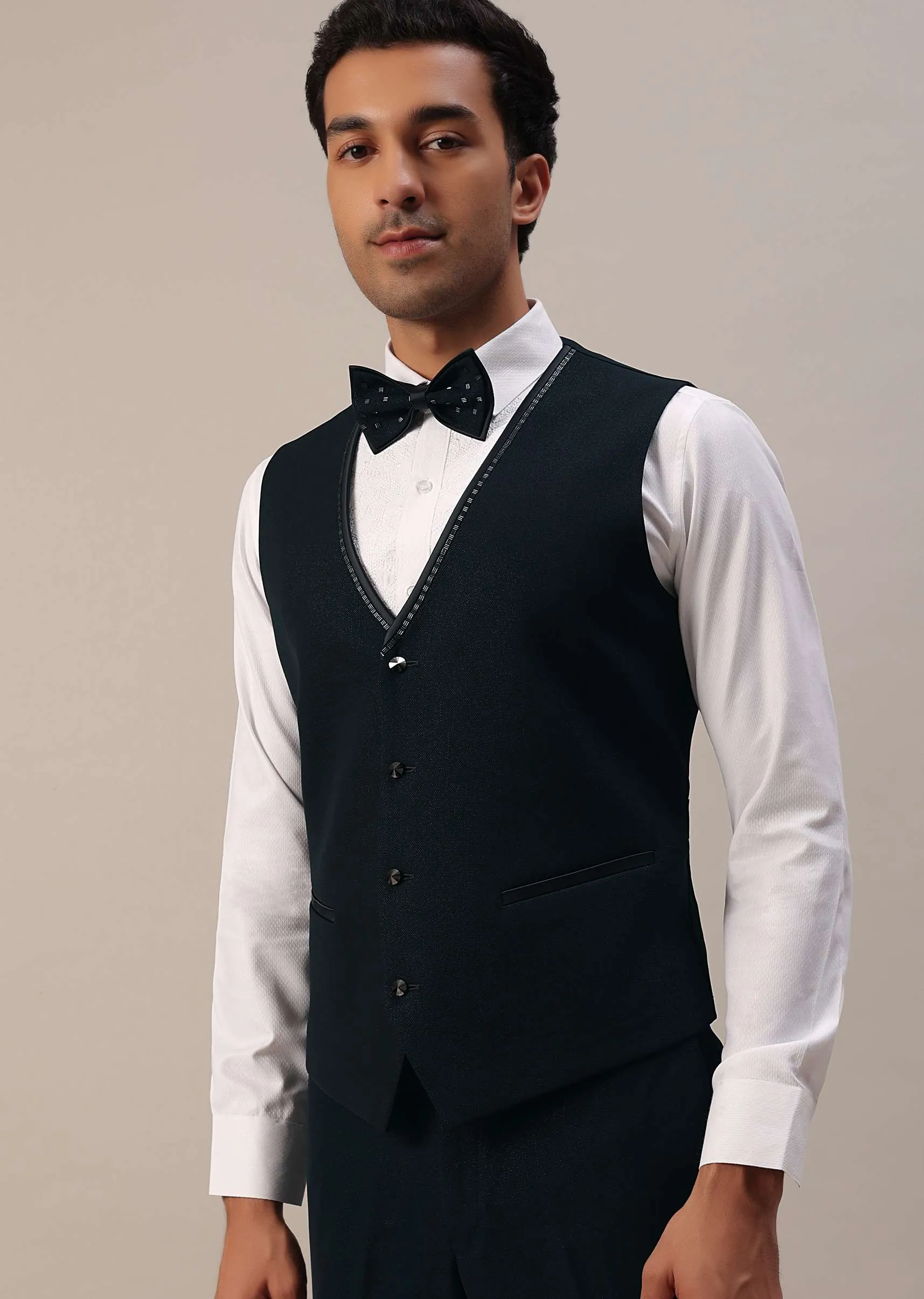 Bottle Green Cut Dana Studded Tuxedo Set In Polyester