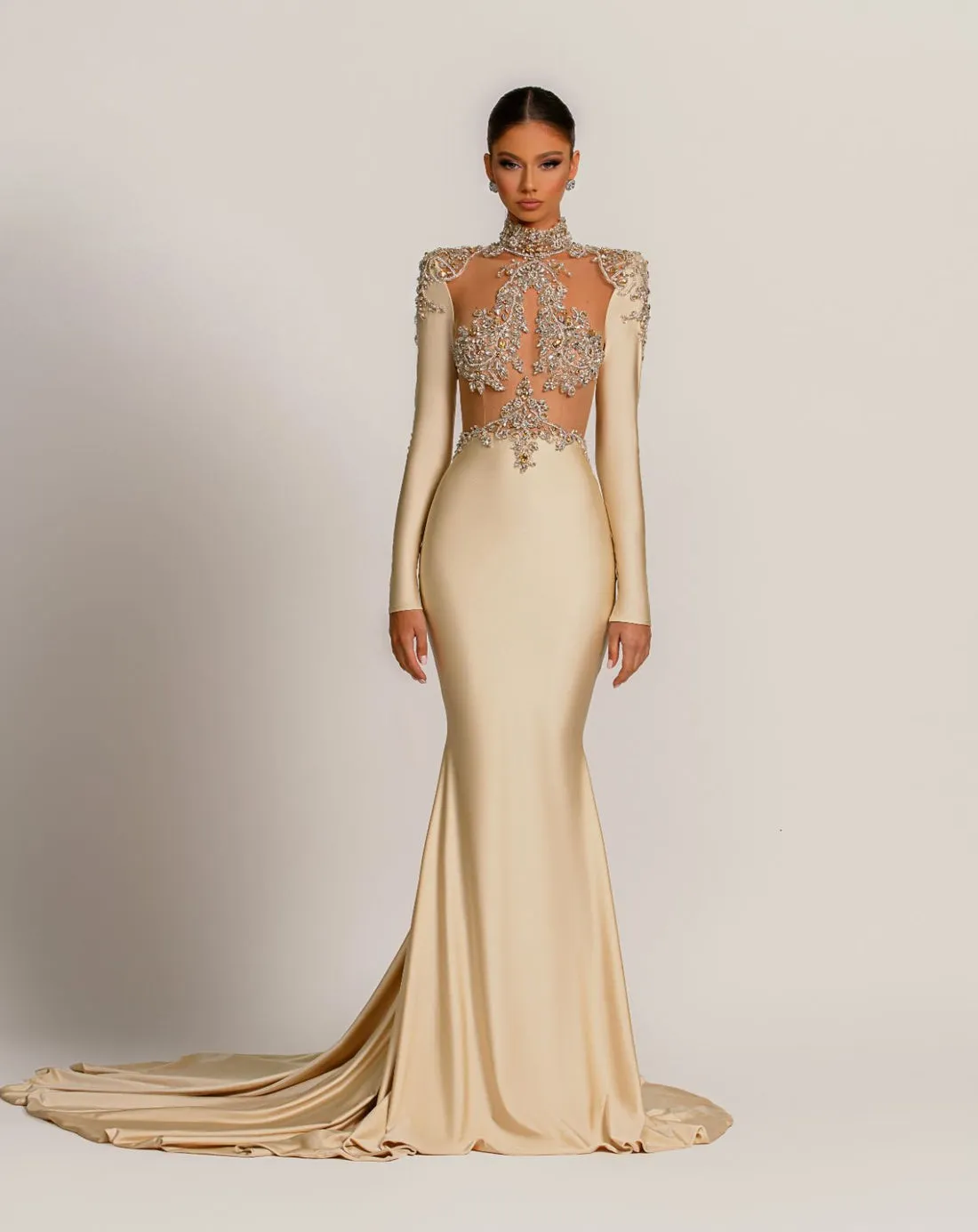 Charli Beautiful High Neck Long Sleeves White Evening Dress