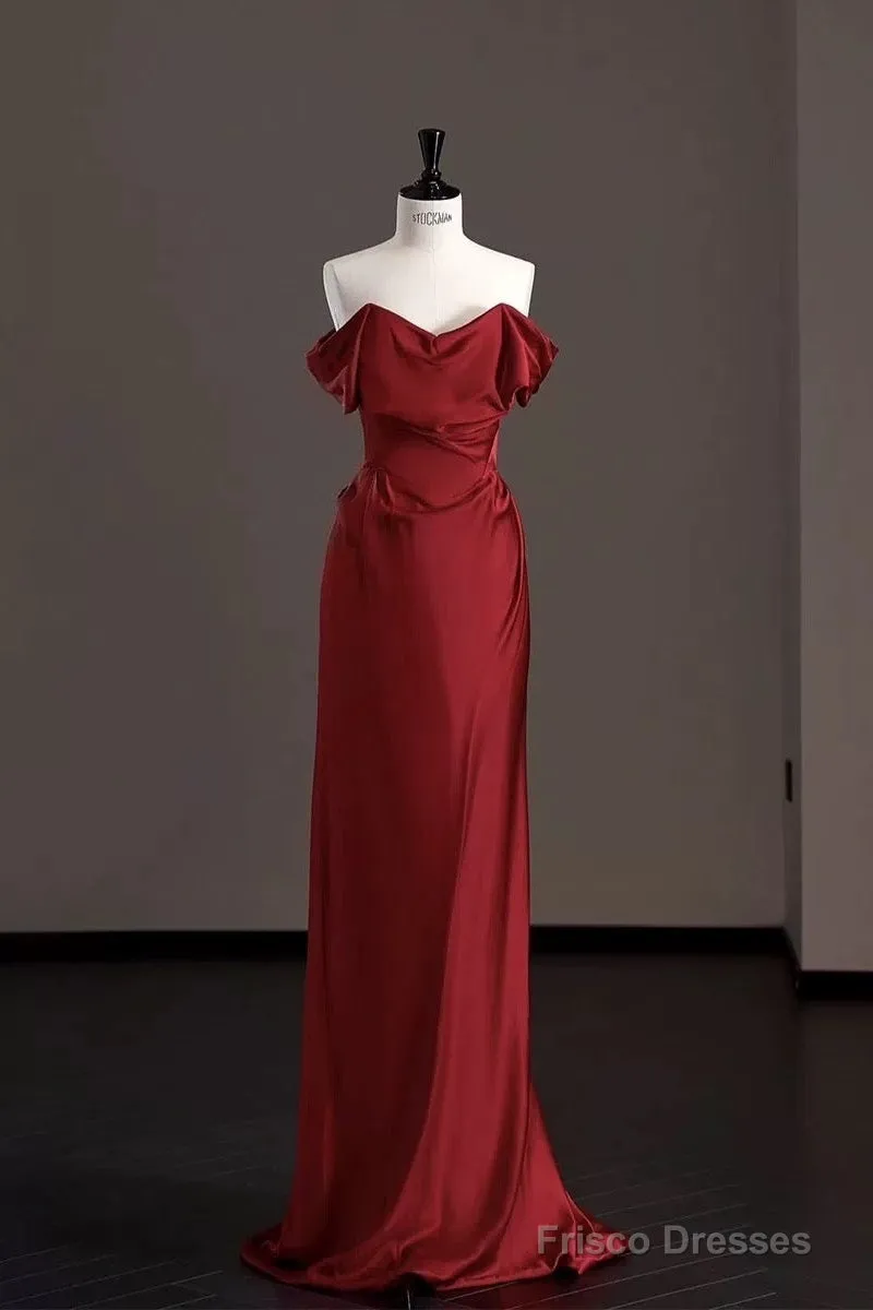 Classy Mermaid Off The Shoulder Red Satin Long Evening Gowns Prom Dress