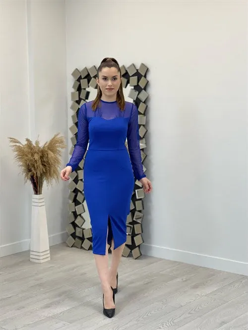 Crepe Fabric Tulle Detailed Pen Dress - Saks Blue