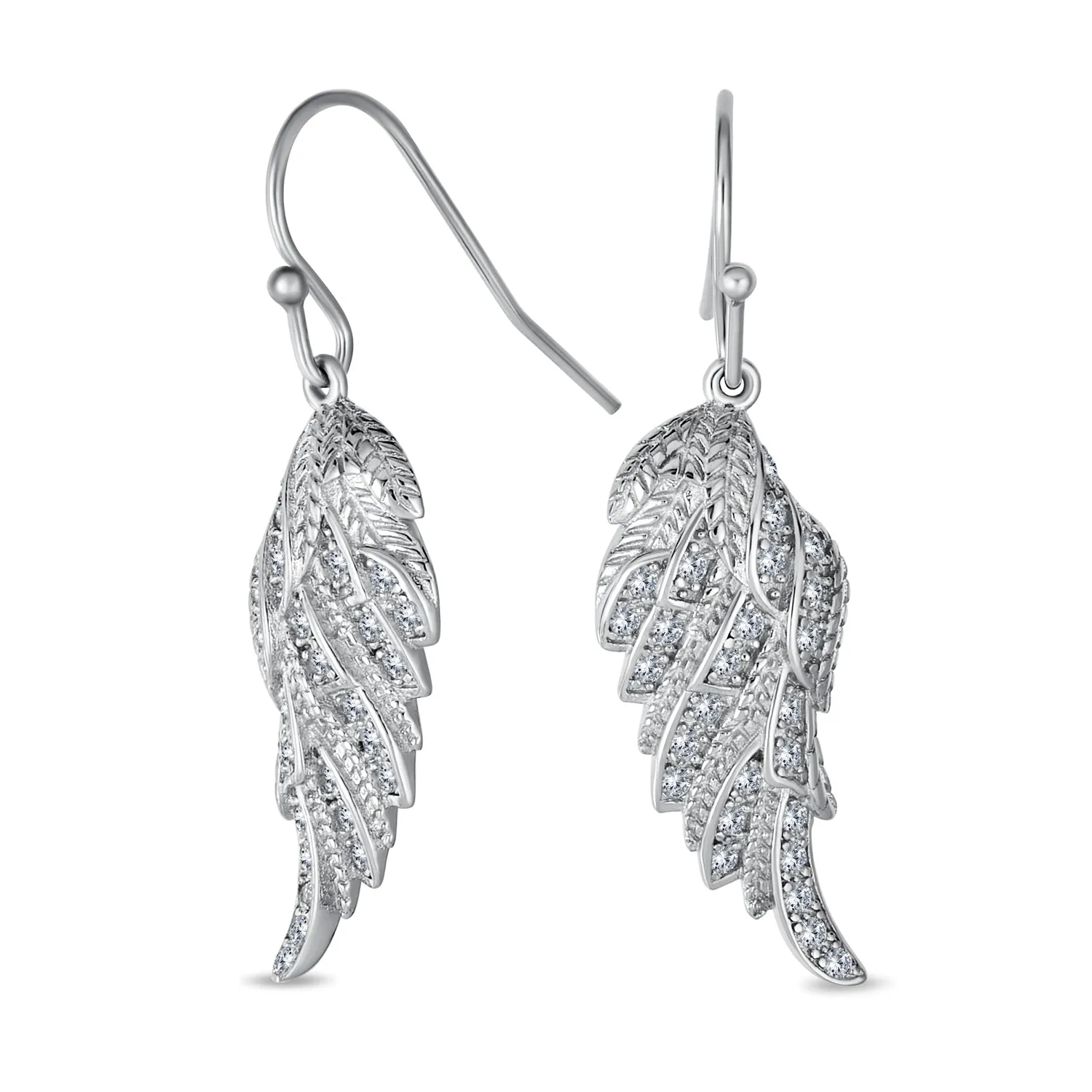 Cubic Zirconia CZ Angel Wing Feather Dangle Earrings Sterling Silver