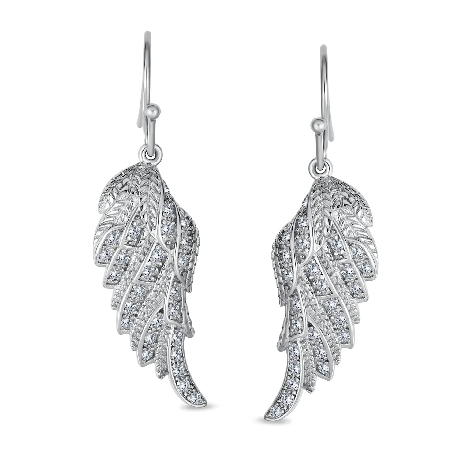Cubic Zirconia CZ Angel Wing Feather Dangle Earrings Sterling Silver