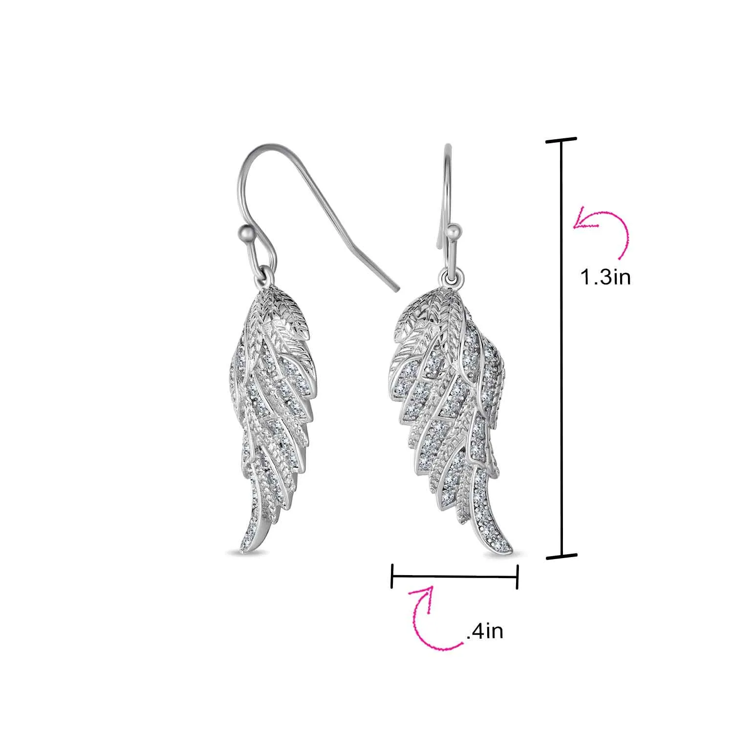 Cubic Zirconia CZ Angel Wing Feather Dangle Earrings Sterling Silver