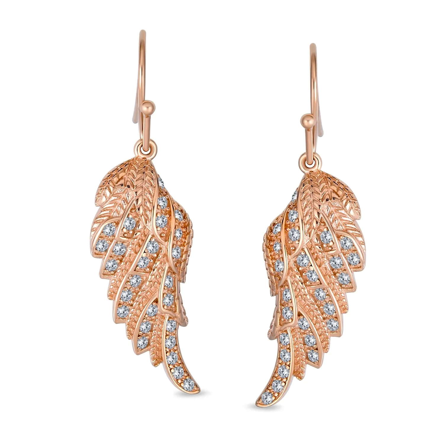 Cubic Zirconia CZ Angel Wing Feather Dangle Earrings Sterling Silver