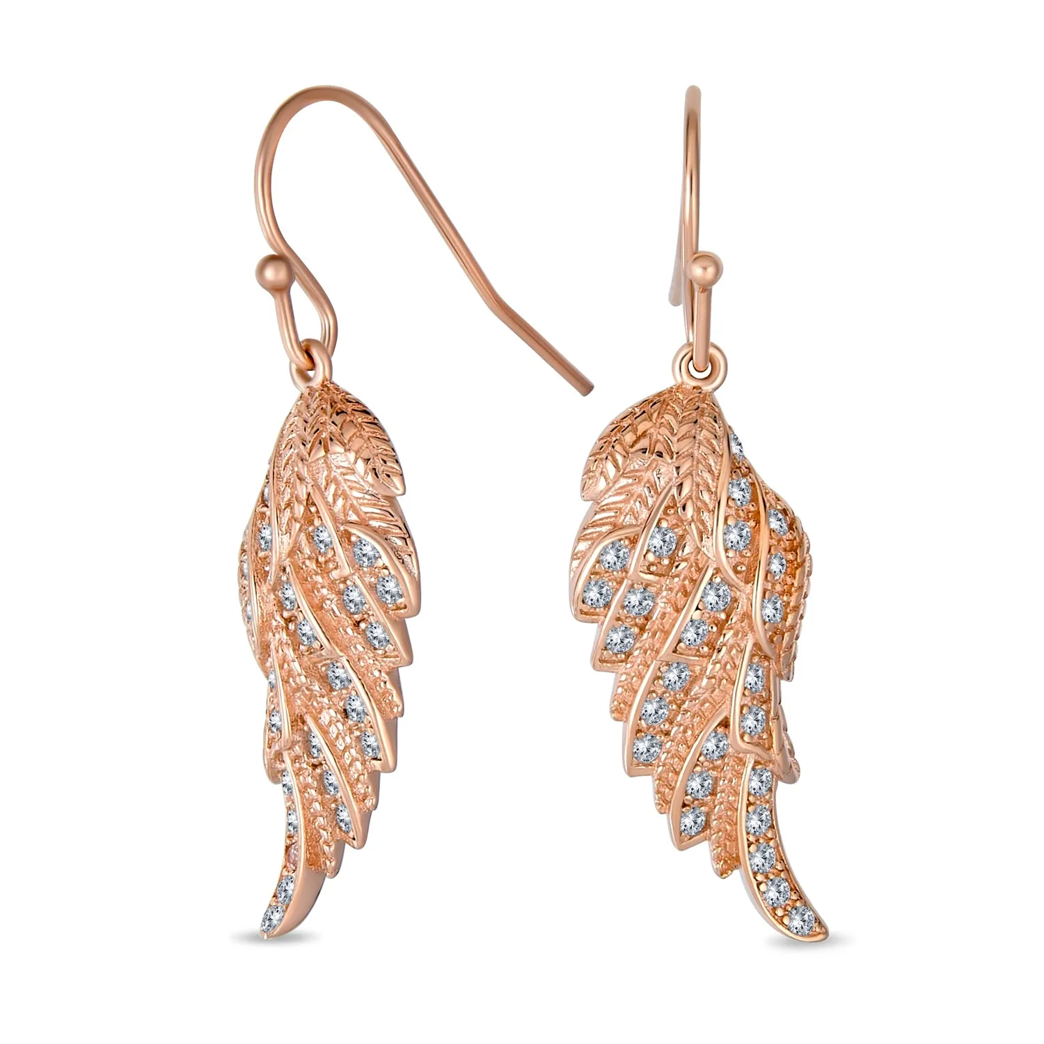 Cubic Zirconia CZ Angel Wing Feather Dangle Earrings Sterling Silver