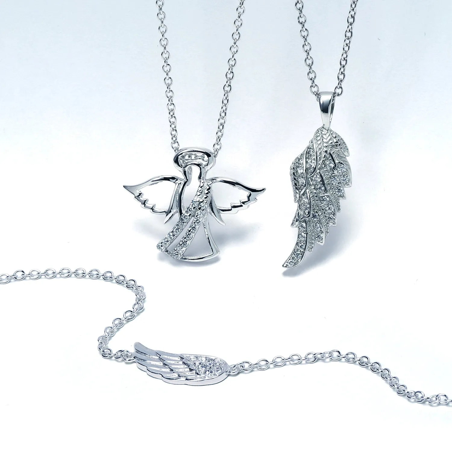 Cubic Zirconia CZ Angel Wing Feather Dangle Earrings Sterling Silver