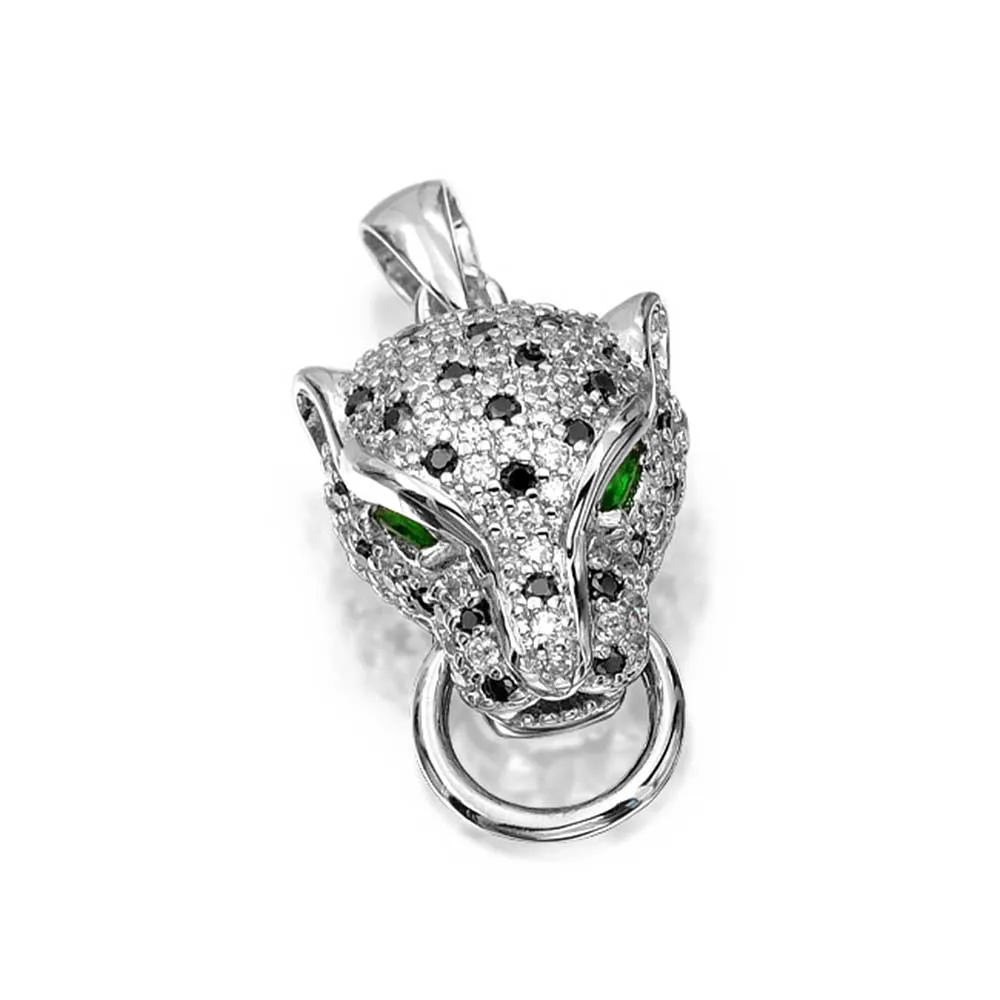 Estate Style Jewelry Black Panther Cat Green Eye CZ Earring Pendant