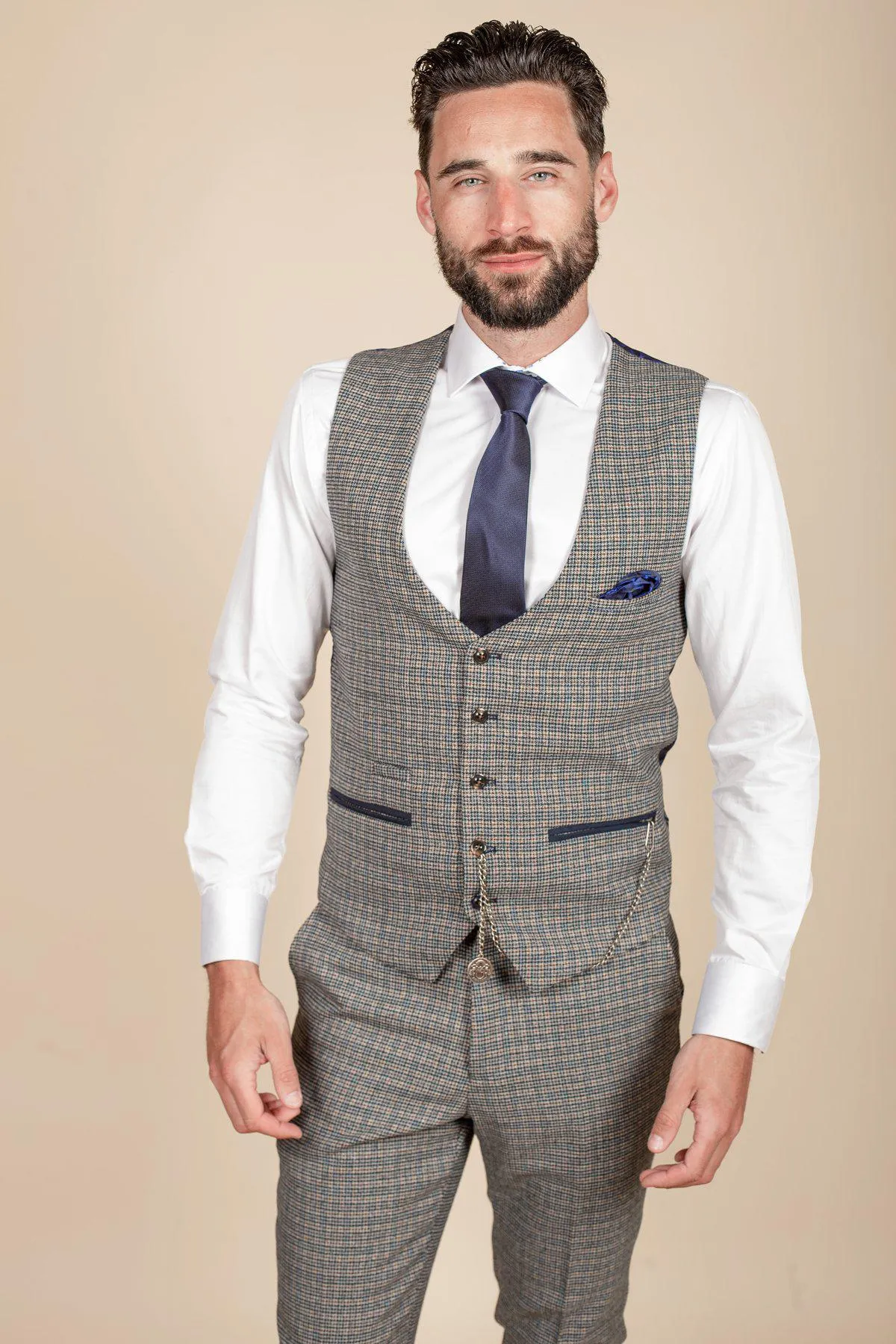 HARDWICK - Navy Tan Tweed Check Waistcoat
