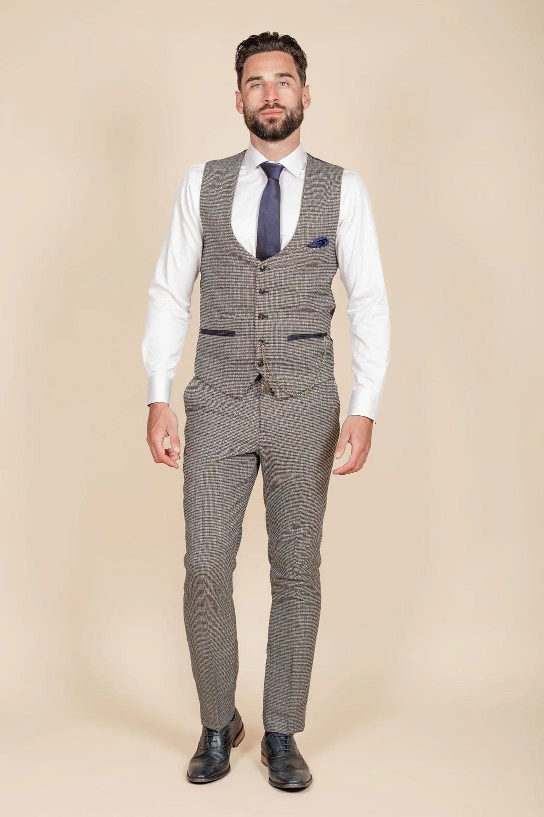 HARDWICK - Navy Tan Tweed Check Waistcoat