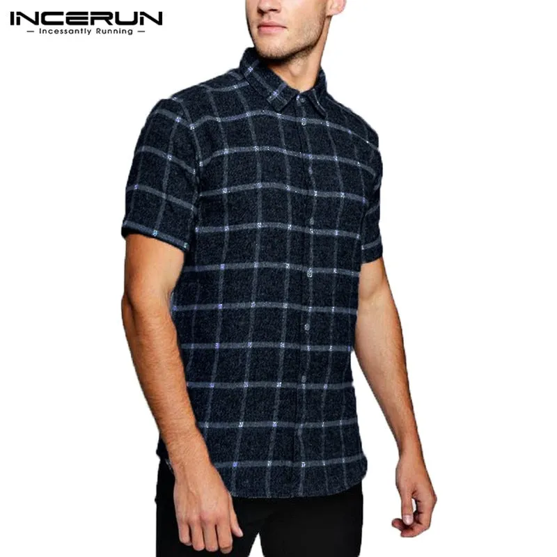 INCERUN NEW Men Tops Plaid Shirts Beach Short Sleeve Social Shirt Dress Fashion Clothes Loose Fit Tropical Vacation Camisa Tee