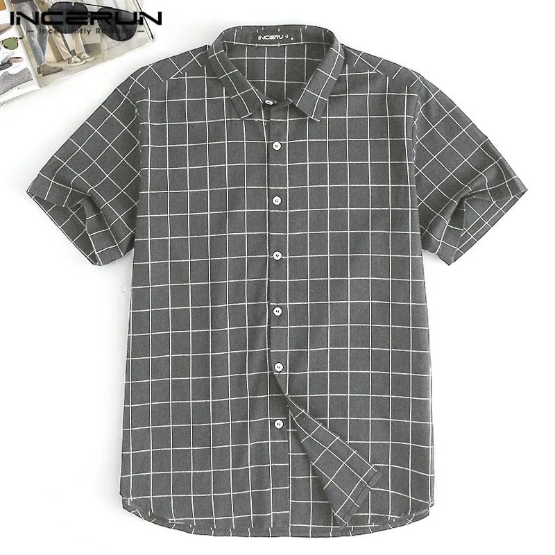 INCERUN NEW Men Tops Plaid Shirts Beach Short Sleeve Social Shirt Dress Fashion Clothes Loose Fit Tropical Vacation Camisa Tee