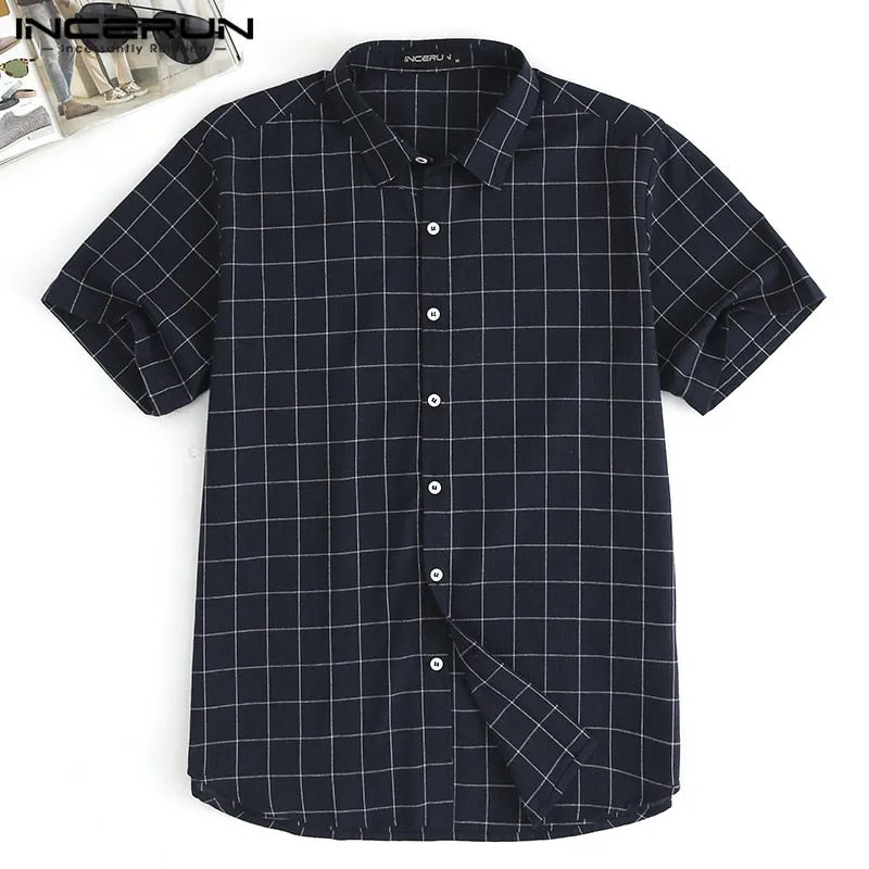 INCERUN NEW Men Tops Plaid Shirts Beach Short Sleeve Social Shirt Dress Fashion Clothes Loose Fit Tropical Vacation Camisa Tee