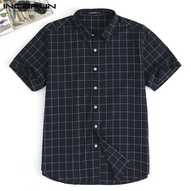 INCERUN NEW Men Tops Plaid Shirts Beach Short Sleeve Social Shirt Dress Fashion Clothes Loose Fit Tropical Vacation Camisa Tee