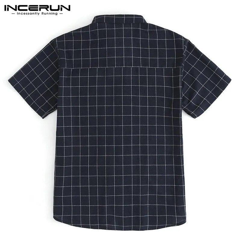 INCERUN NEW Men Tops Plaid Shirts Beach Short Sleeve Social Shirt Dress Fashion Clothes Loose Fit Tropical Vacation Camisa Tee