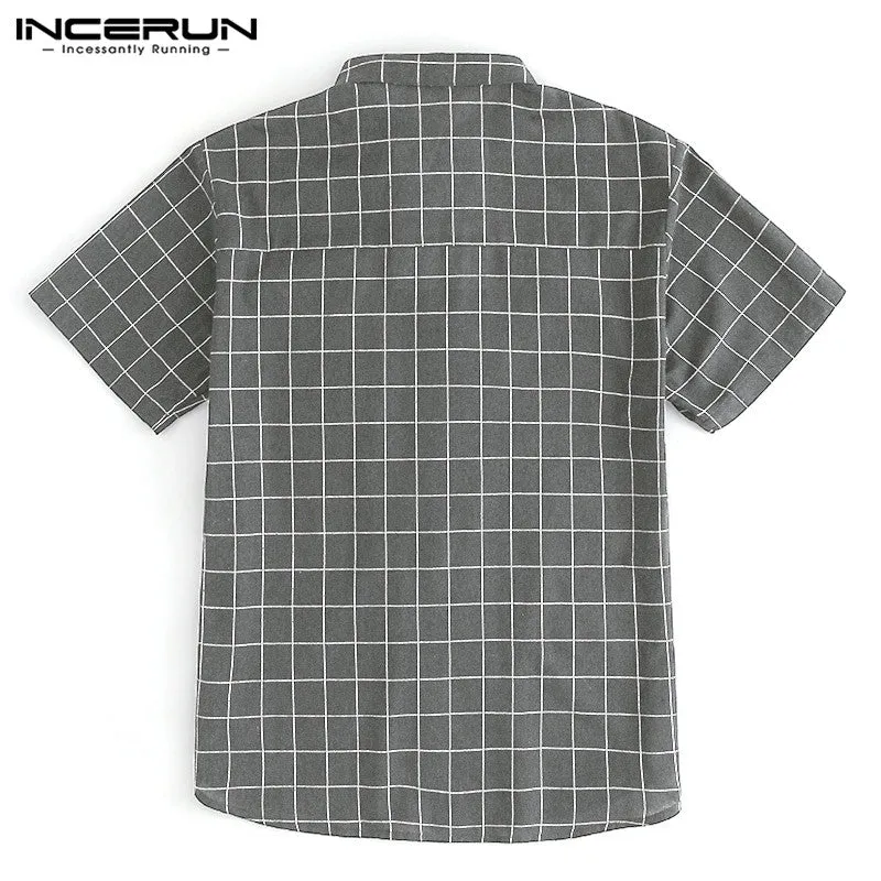 INCERUN NEW Men Tops Plaid Shirts Beach Short Sleeve Social Shirt Dress Fashion Clothes Loose Fit Tropical Vacation Camisa Tee