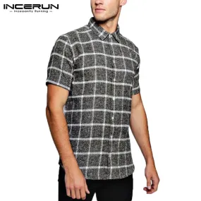 INCERUN NEW Men Tops Plaid Shirts Beach Short Sleeve Social Shirt Dress Fashion Clothes Loose Fit Tropical Vacation Camisa Tee