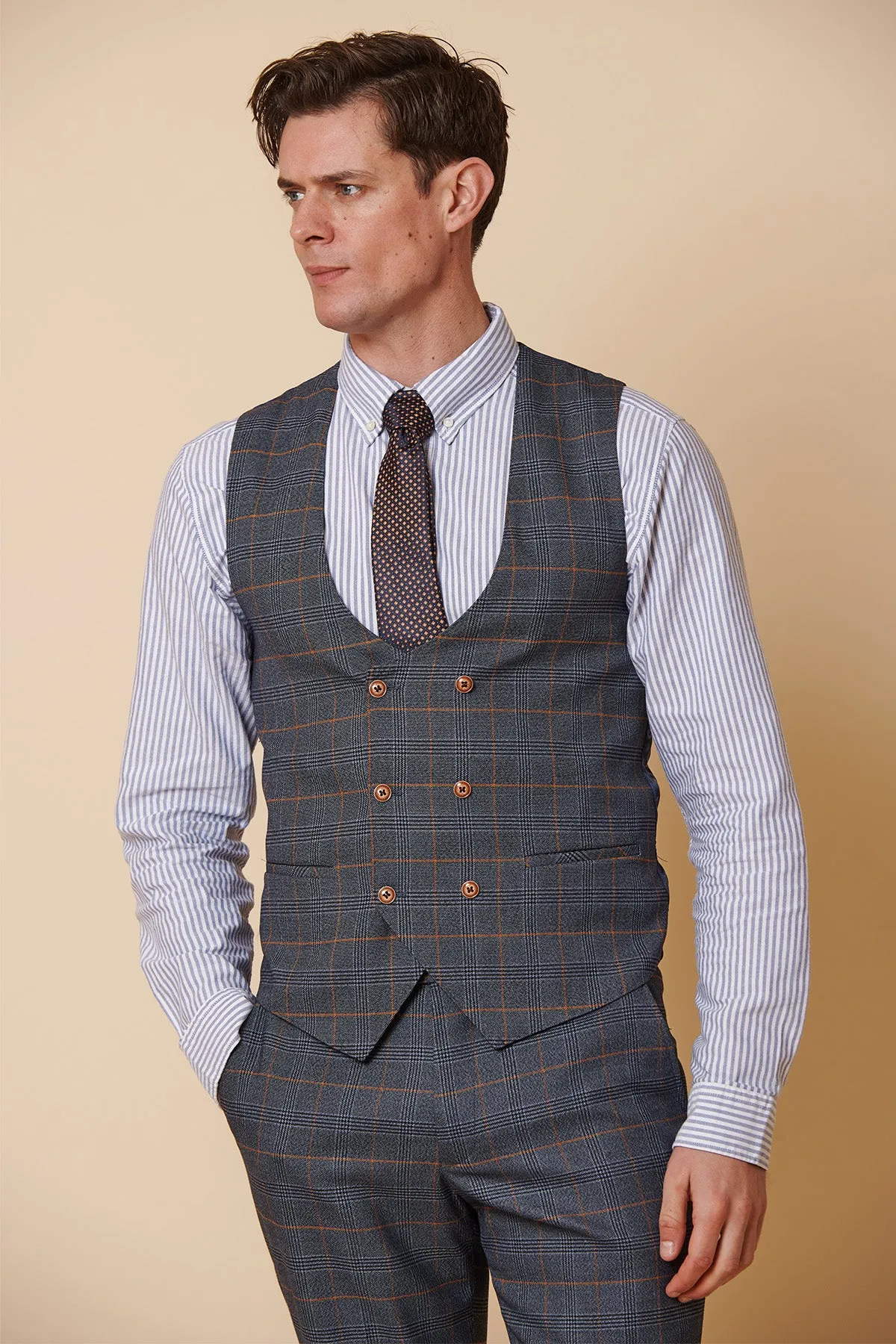 JENSON - Sky Blue Check Double Breasted Waistcoat