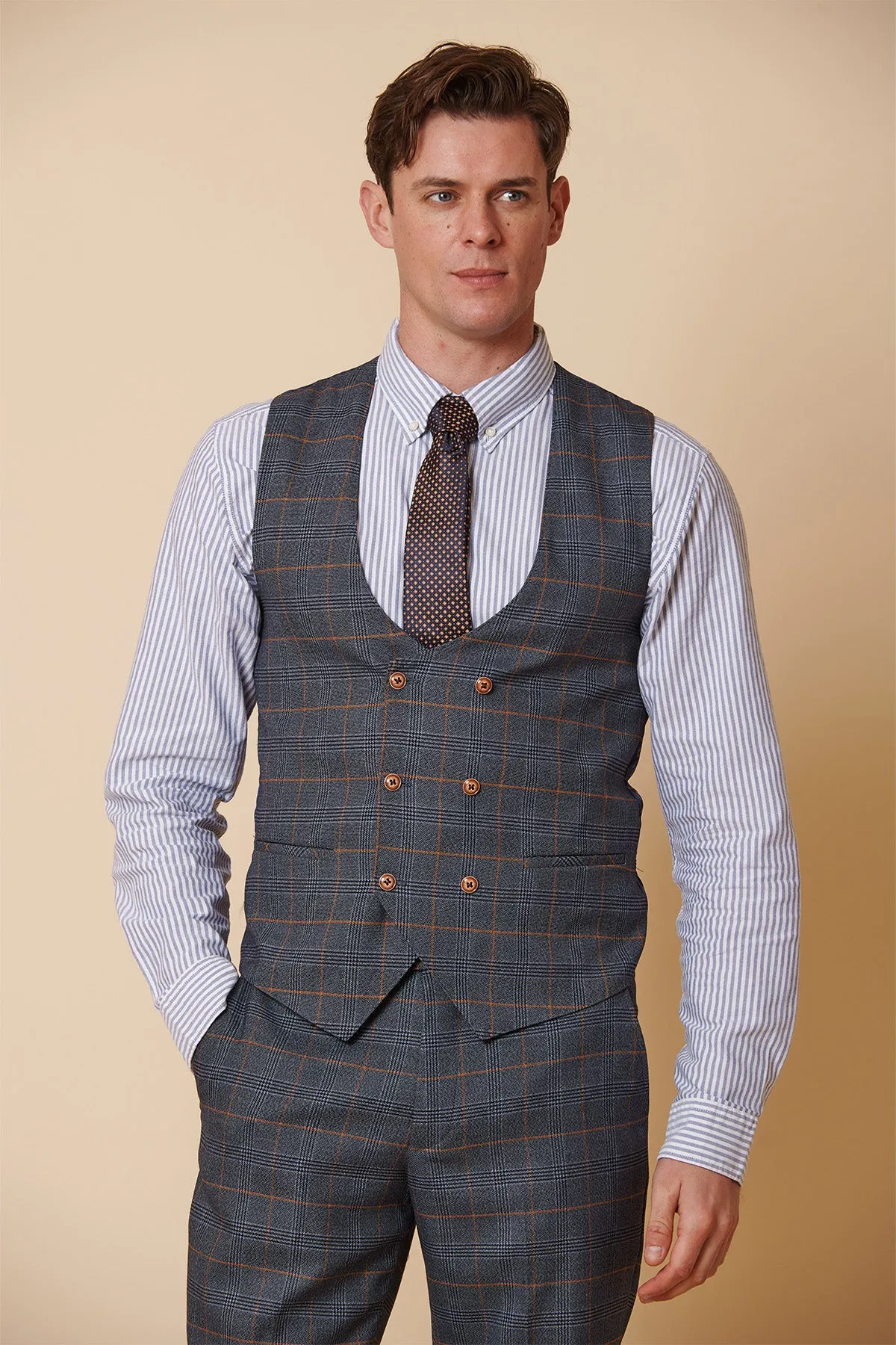 JENSON - Sky Blue Check Double Breasted Waistcoat