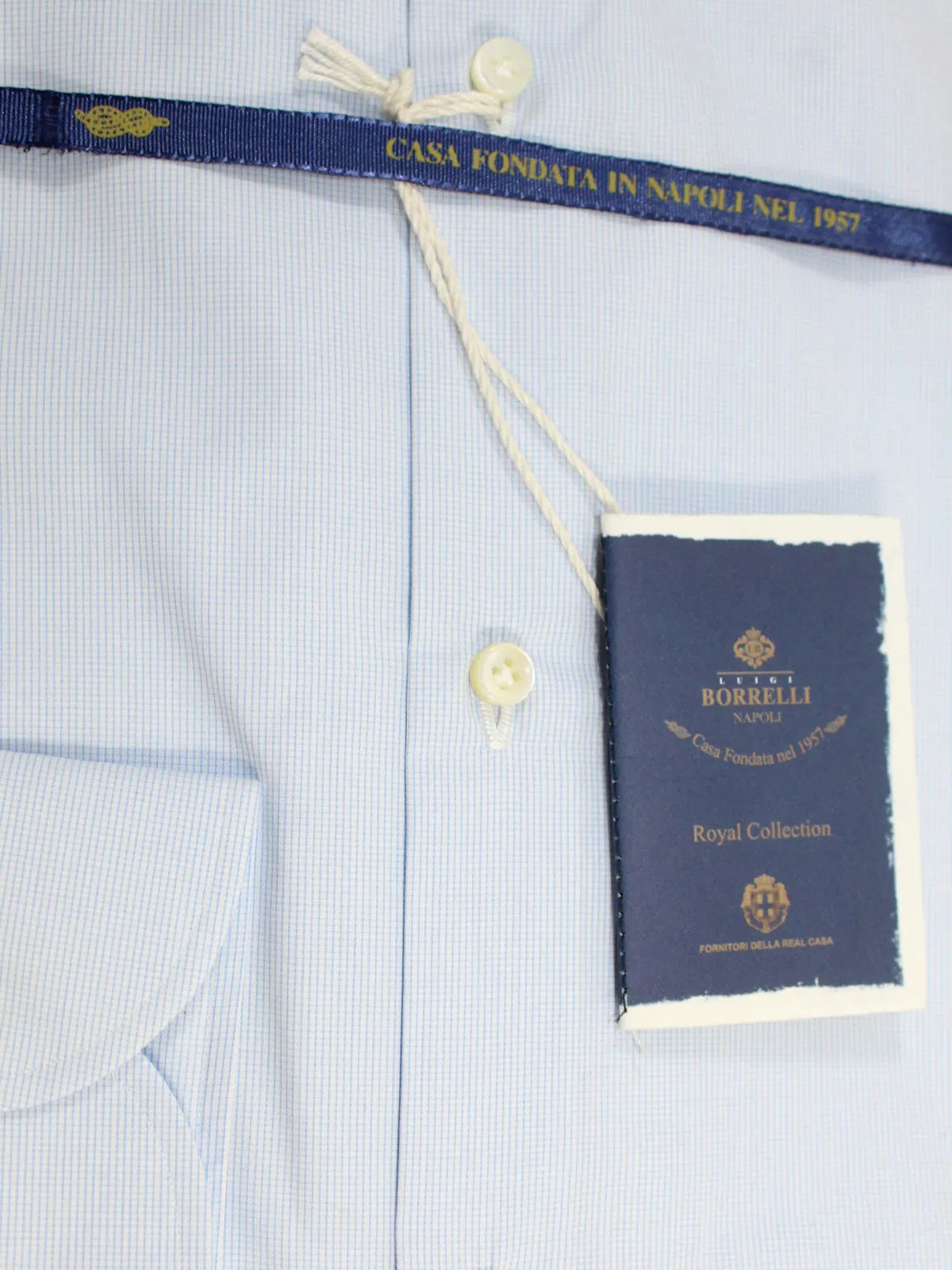 Luigi Borrelli Dress Shirt ROYAL COLLECTION White Blue Micro Check 38 - 15