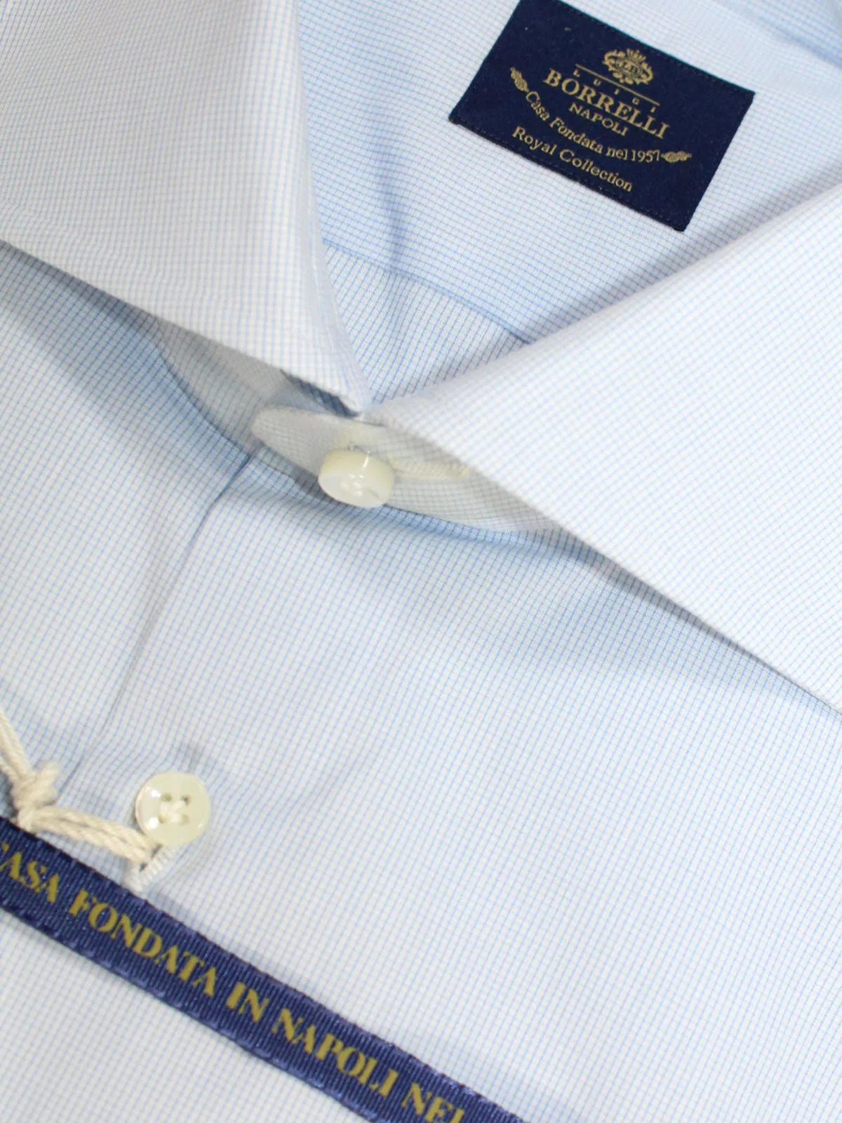 Luigi Borrelli Dress Shirt ROYAL COLLECTION White Blue Micro Check 38 - 15