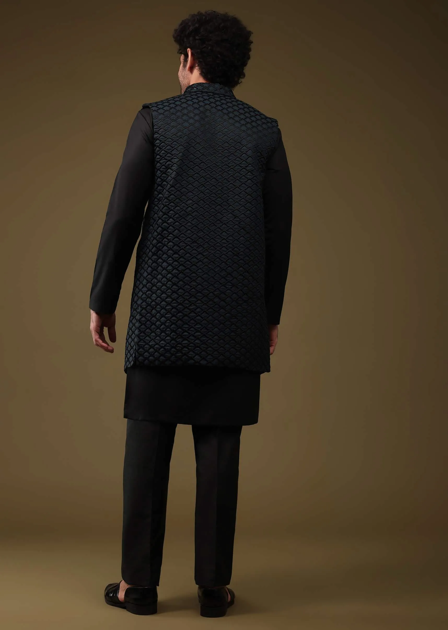 Midnight Green Festive Textured Jacket Kurta Set With Cut Dana And Thread Embroidery In Art Silk