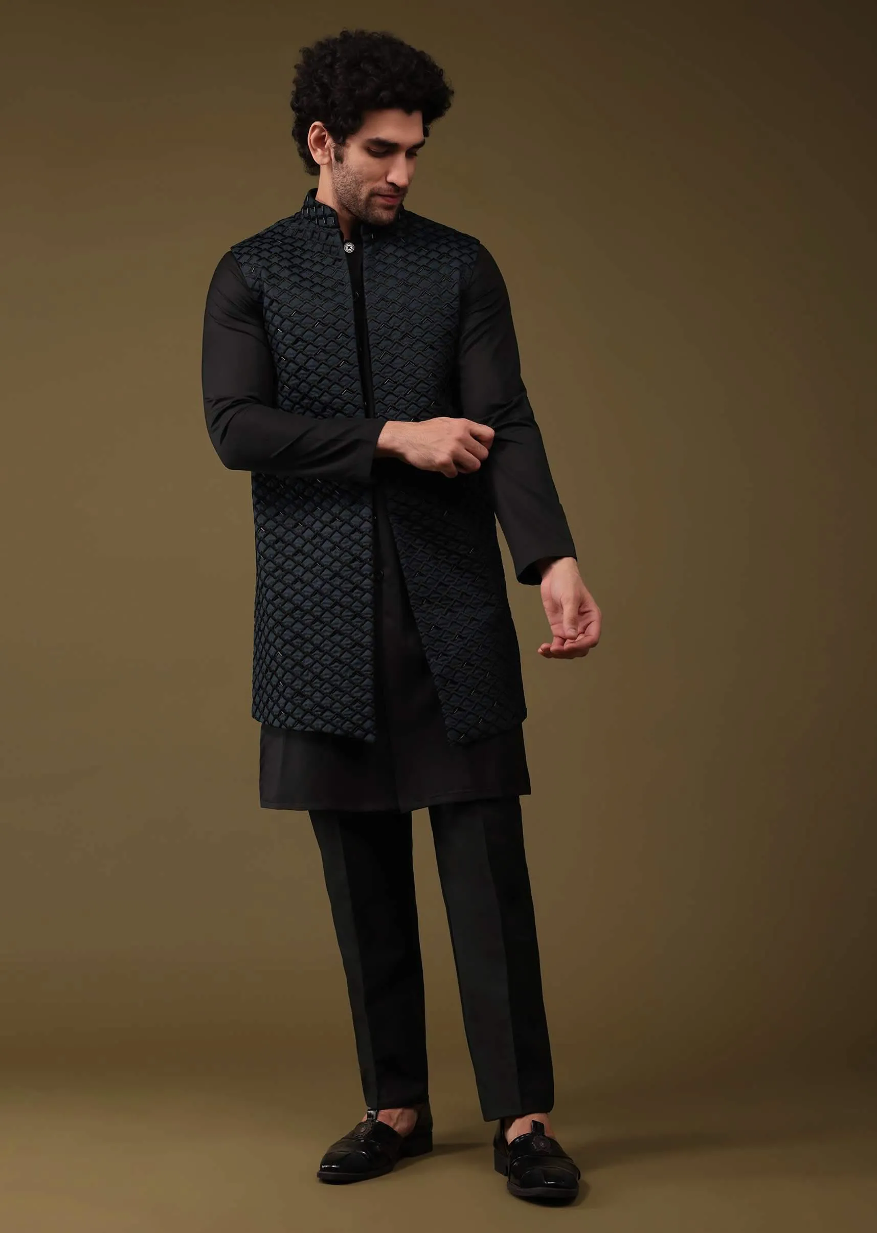 Midnight Green Festive Textured Jacket Kurta Set With Cut Dana And Thread Embroidery In Art Silk