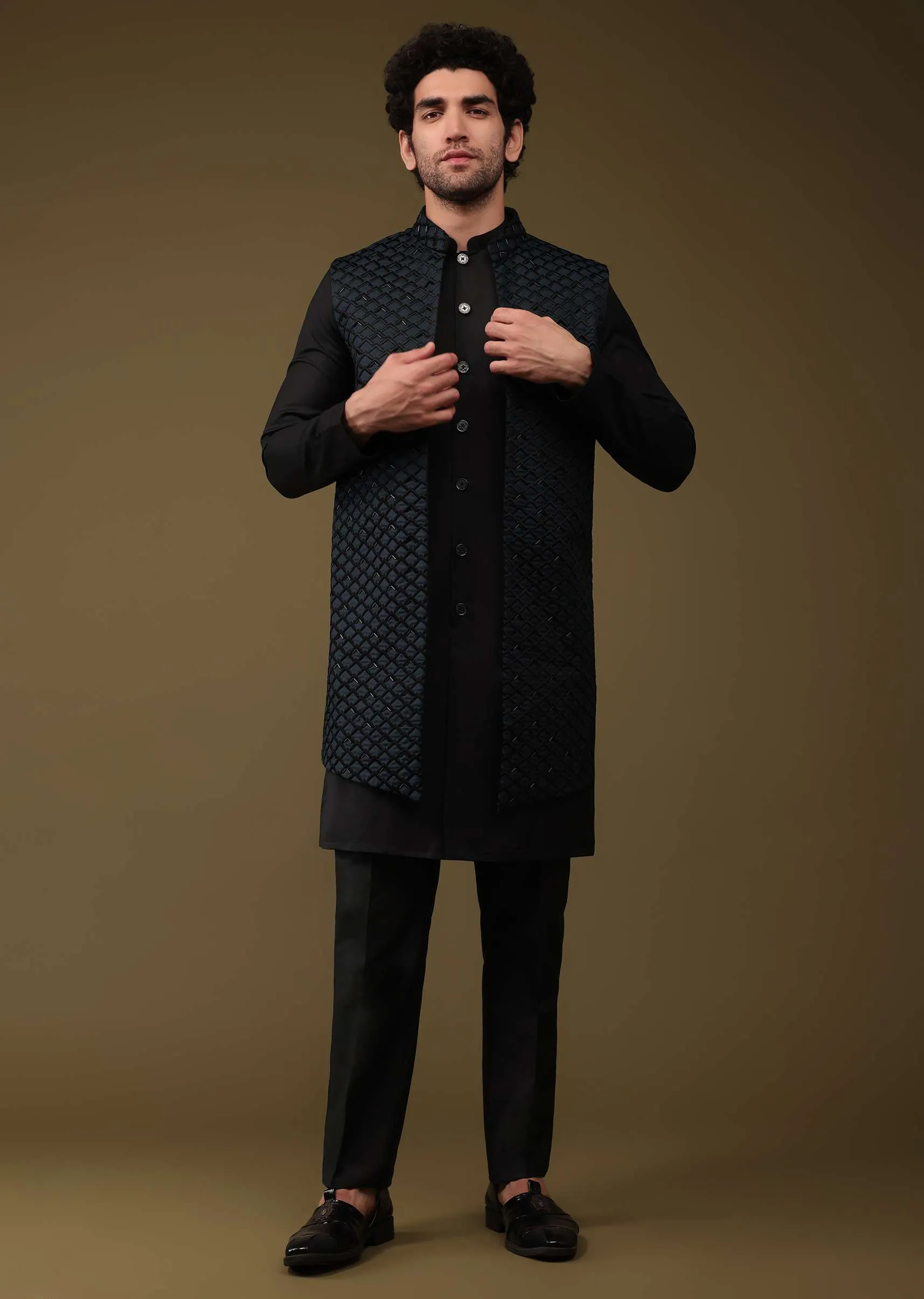 Midnight Green Festive Textured Jacket Kurta Set With Cut Dana And Thread Embroidery In Art Silk