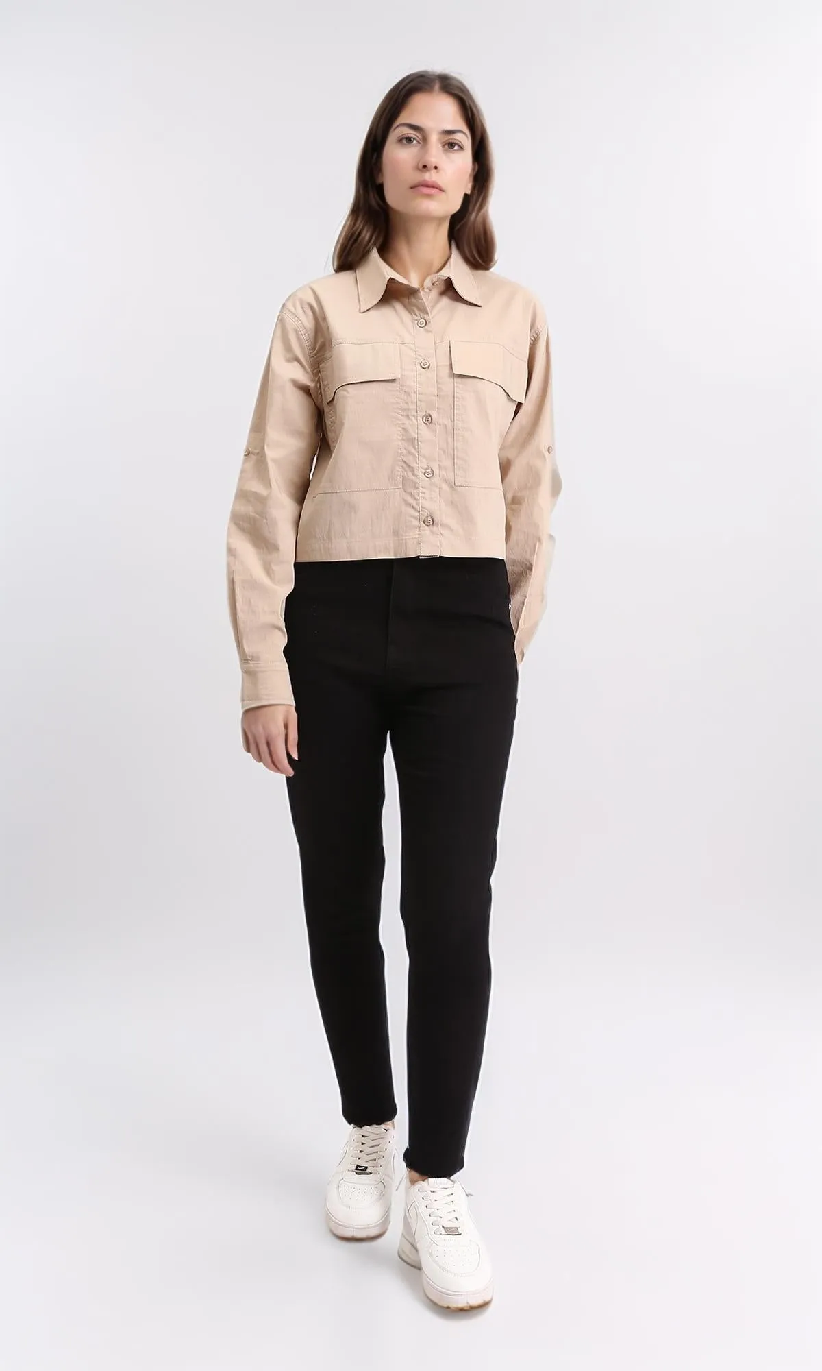 R209123 - Solid Short Shirt with Front Pockets - Dark Beige