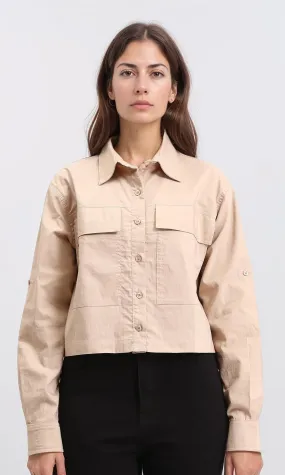 R209123 - Solid Short Shirt with Front Pockets - Dark Beige