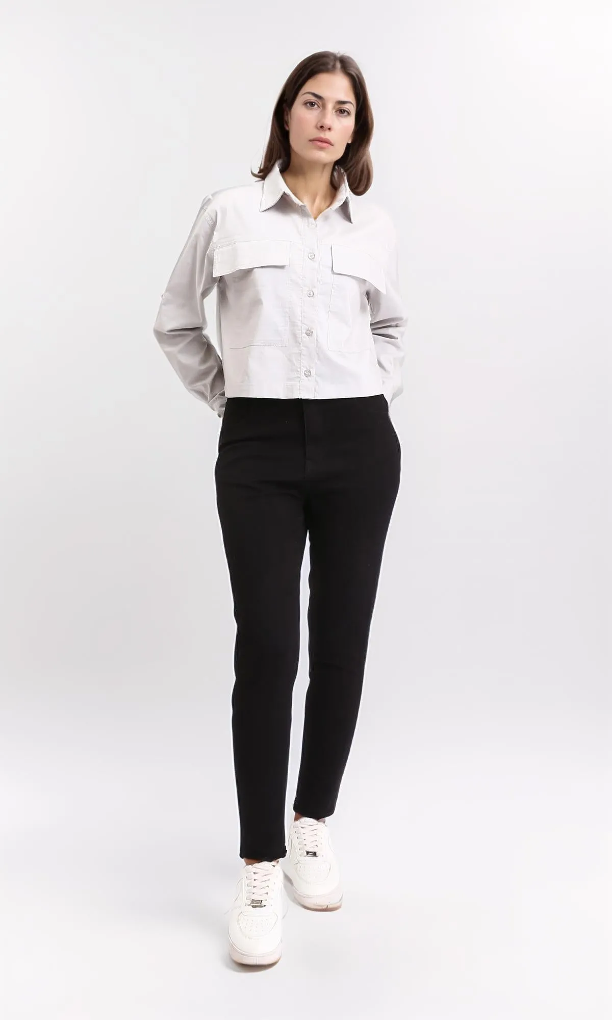 R209124 - Solid Short Shirt with Front Pockets - Light Grey