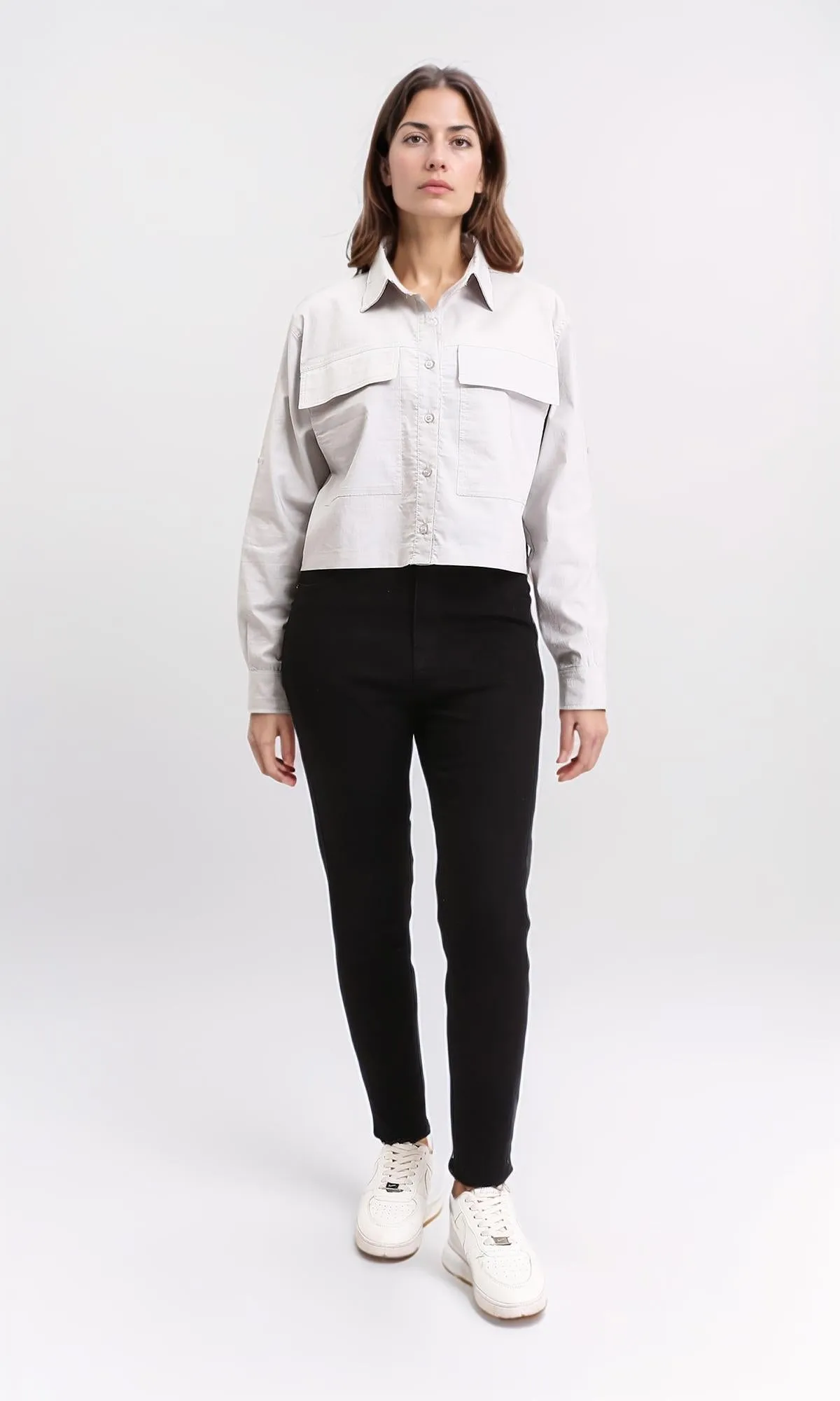 R209124 - Solid Short Shirt with Front Pockets - Light Grey