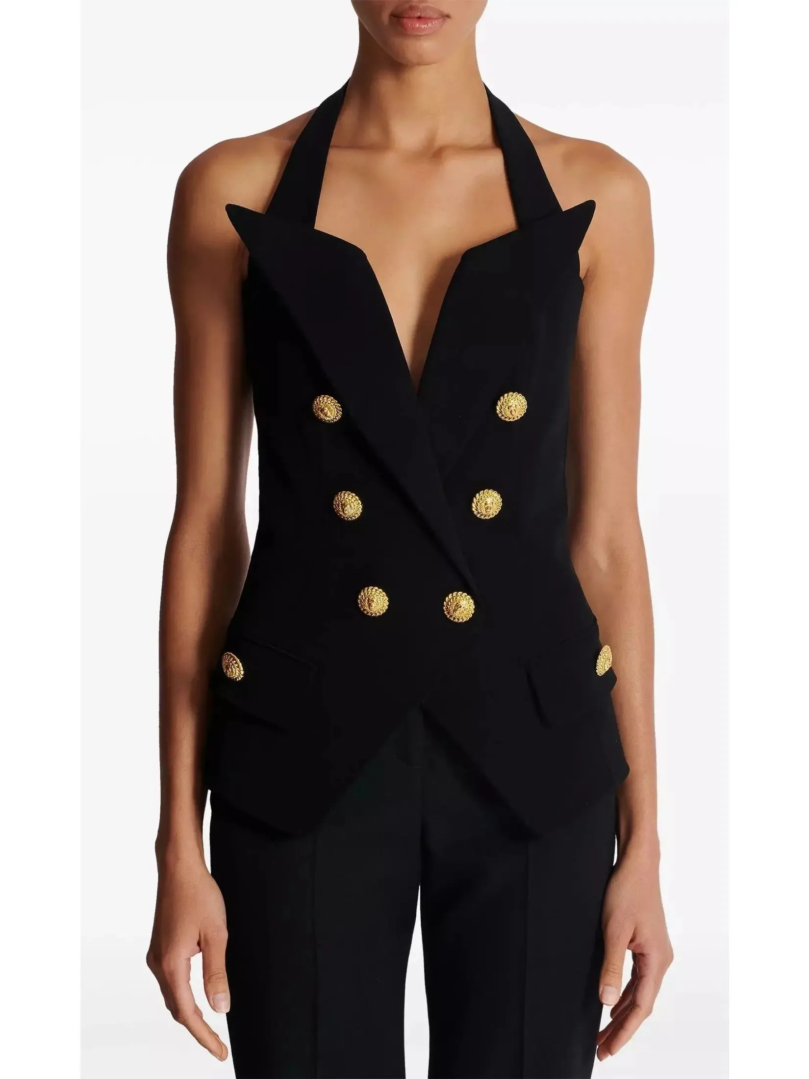 Women’s Black Tailored Double-Breasted Halterneck Vest Top