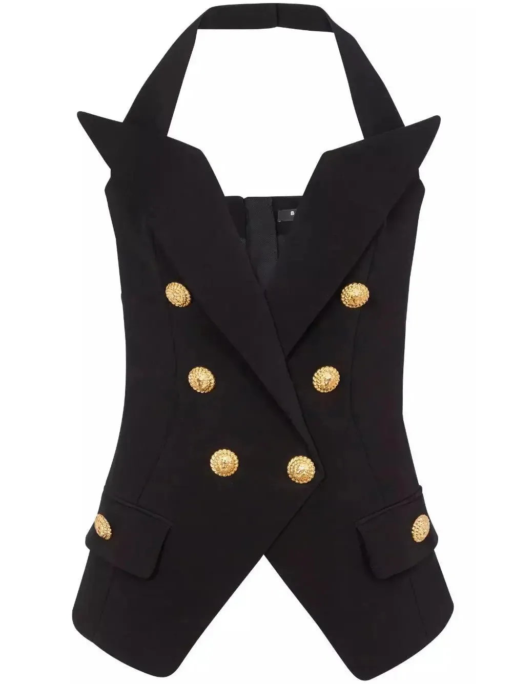 Women’s Black Tailored Double-Breasted Halterneck Vest Top