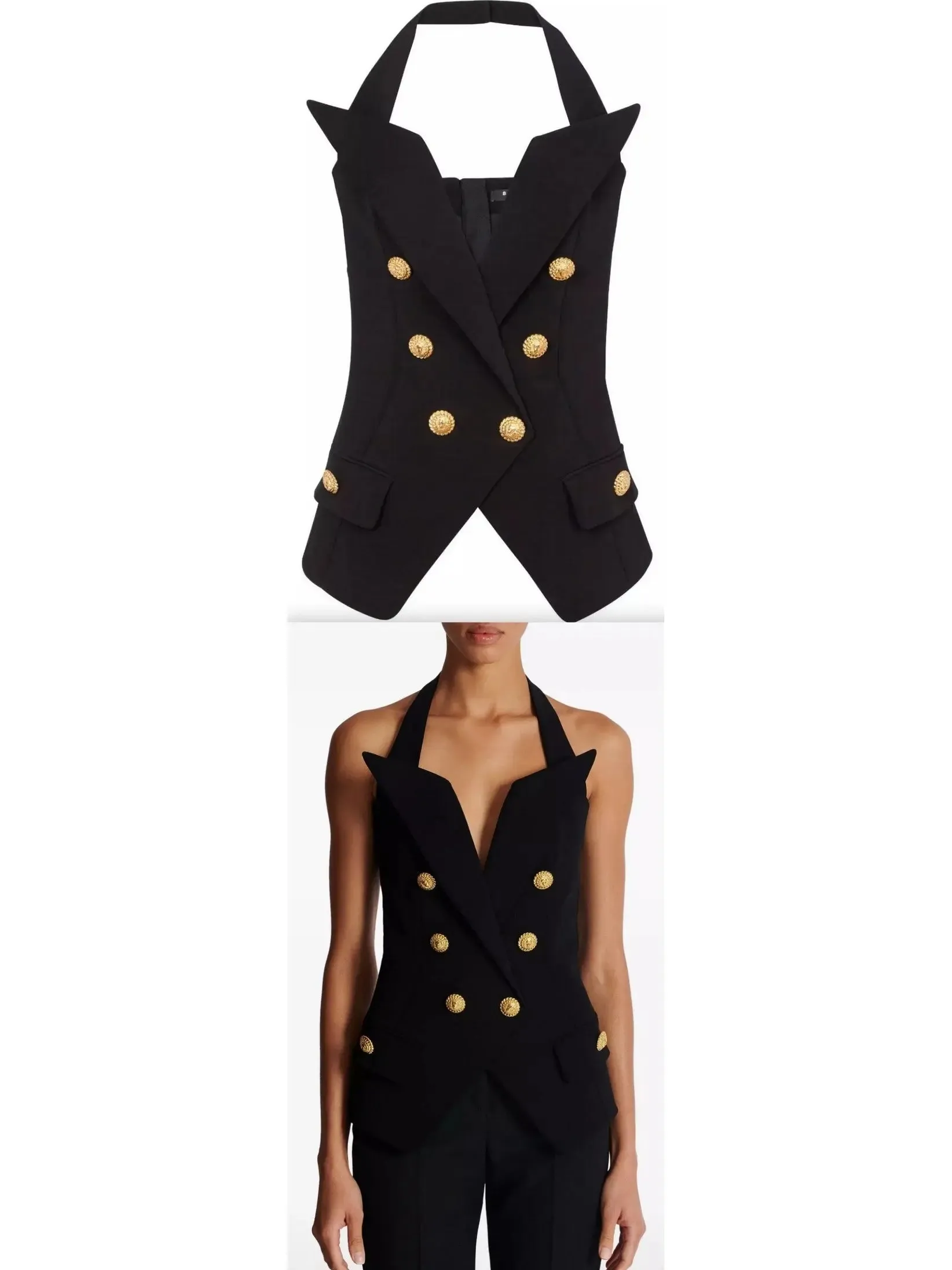 Women’s Black Tailored Double-Breasted Halterneck Vest Top