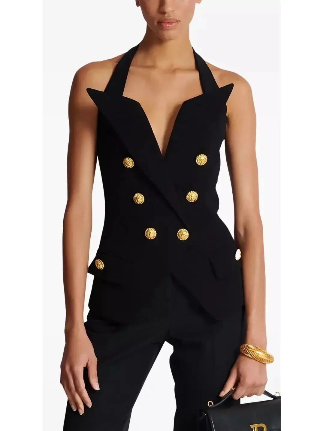 Women’s Black Tailored Double-Breasted Halterneck Vest Top